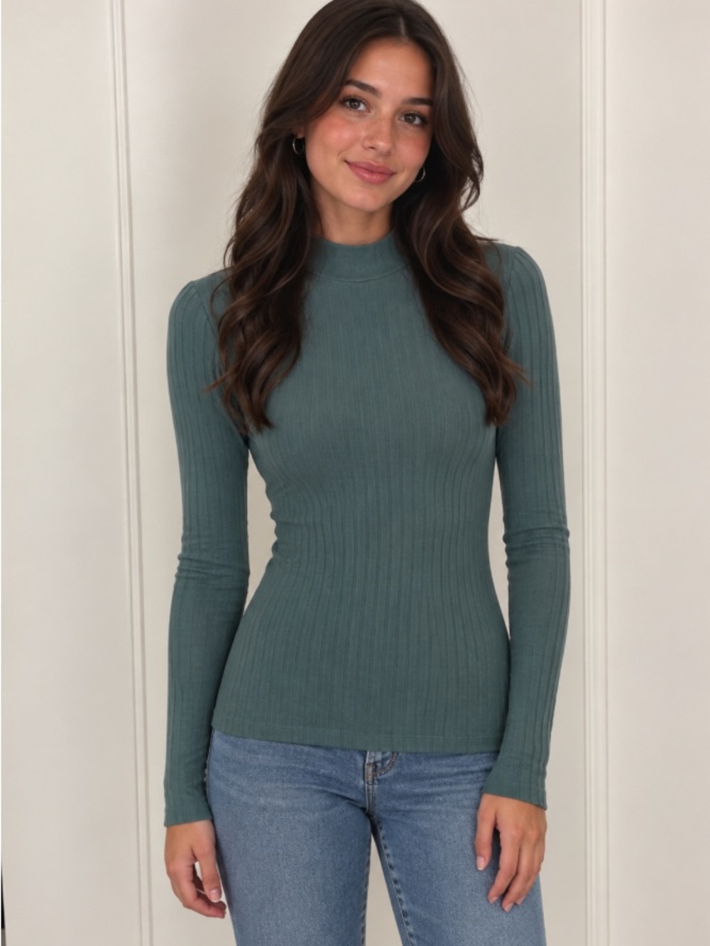 a new day Ribbed Mock-Neck Long Sleeve Top in Dusty Teal